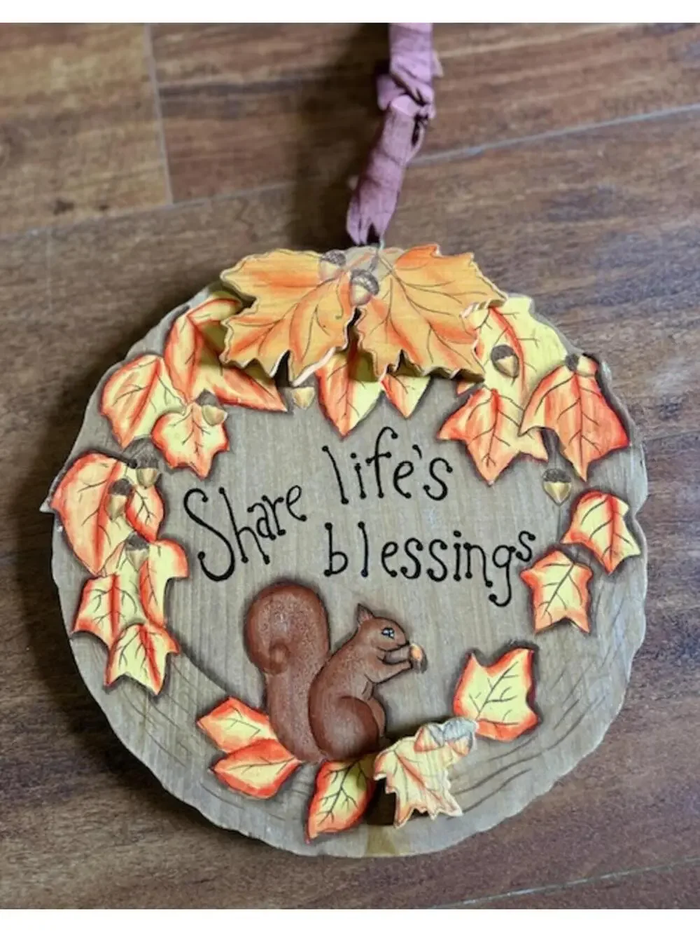 Handcrafted Wooden Autumn Wall Hanging with Squirrel and Leaves